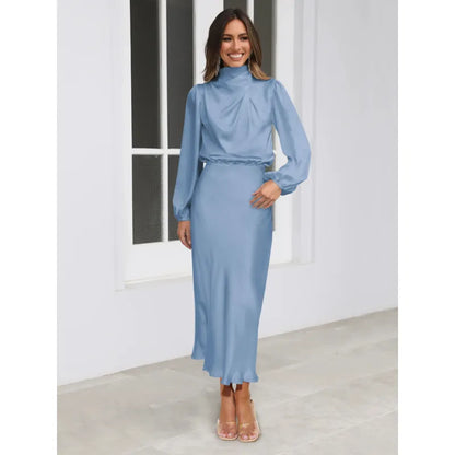 Étoile™ Satin Halter Evening Dress – Elegant Long Sleeve Formal Gown